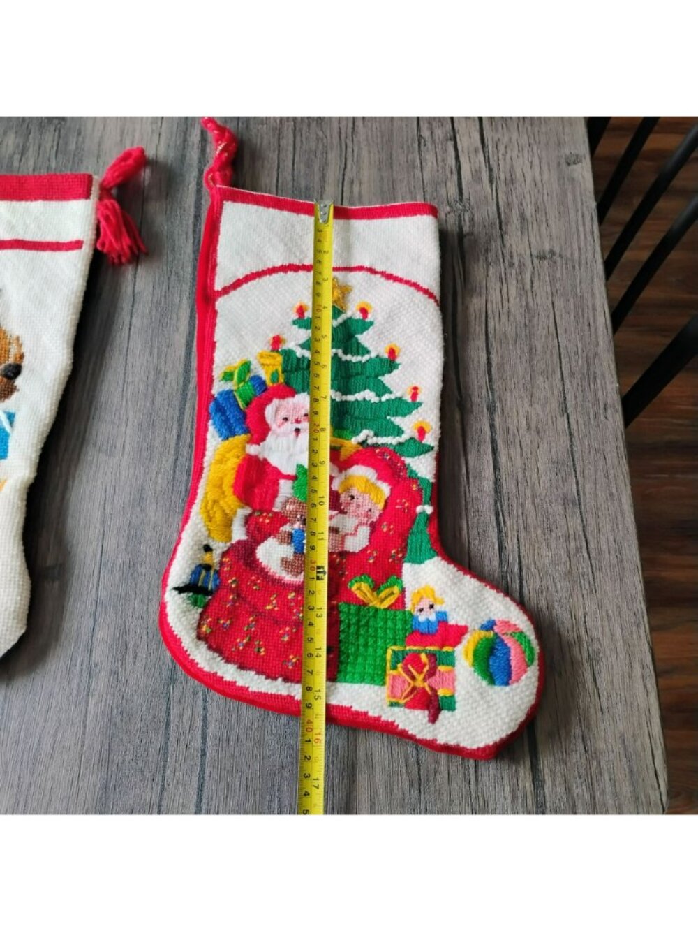 Vintage Handmade Needlepoint Christmas Stockings Set Of 2 Santa & Bear Trimming - Picture 4 of 11